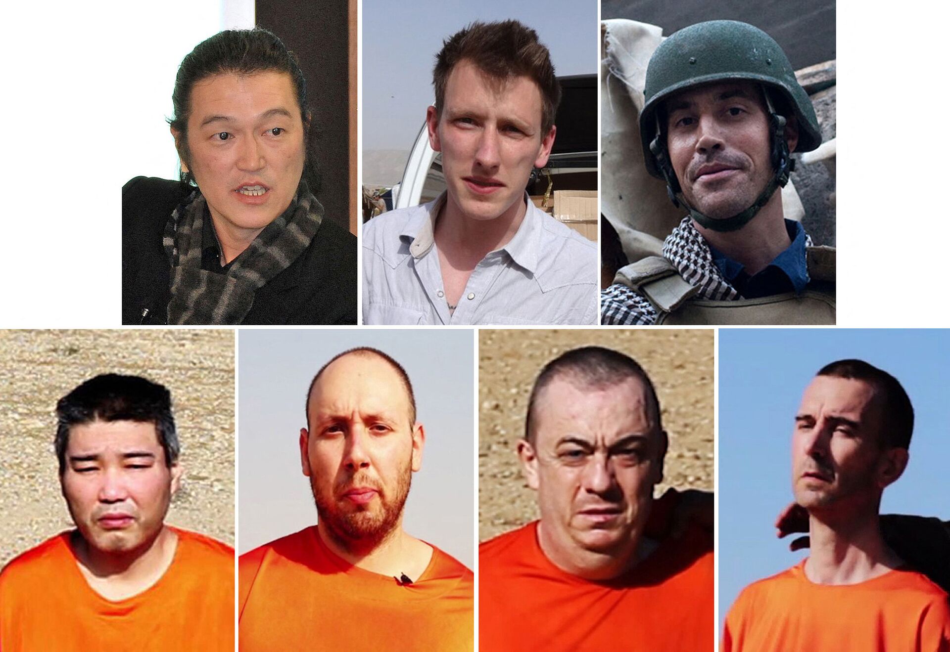 A combination made on November 13, 2015, of various handout file pictures and image grabs, shows (Top L to Bottom R) Japanese freelance video journalist Kenji Goto, US aid worker Peter Abdel-Rahman Kassig, US freelance reporter James Foley, Japanese national Haruna Yukawa, US freelance writer Steven Sotloff, British national Alan Henning and British aid worker David Haines, the victims of Islamic State militant Jihadi John, whose real name is Mohammed Emwazi - Sputnik International, 1920, 07.09.2021