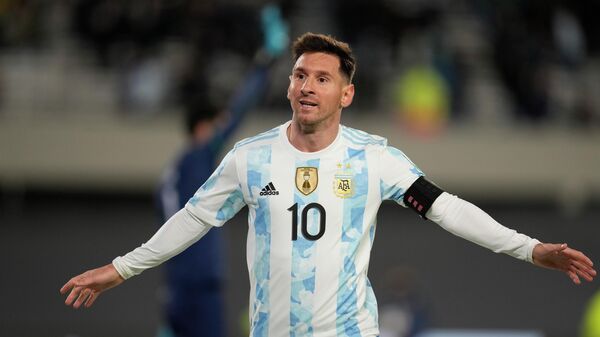 Soccer Football - World Cup - South American Qualifiers - Argentina v Bolivia - El Monumental, Buenos Aires, Argentina - September 9, 2021 Argentina's Lionel Messi celebrates scoring their third goal to complete his hat-trick - Sputnik International