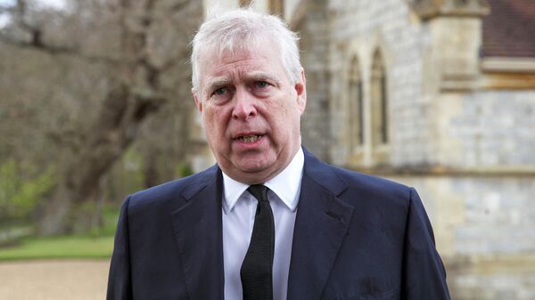 Britain's Prince Andrew, Duke of York, speaks during a television interview outside the Royal Chapel of All Saints in Windsor on April 11, 2021, two days after the death of his father Britain's Prince Philip, Duke of Edinburgh. - Sputnik International