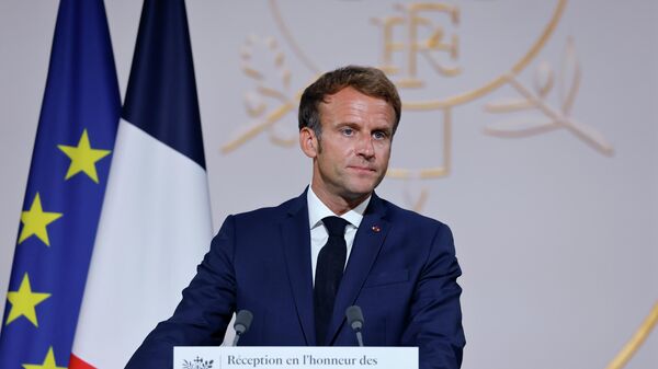 French President Emmanuel Macron speaks during an awards ceremony gathering French athletes that competed in Tokyo 2020 Summer Olympic Games, at the Elysee Palace in Paris, France, September 13, 2021 - Sputnik International