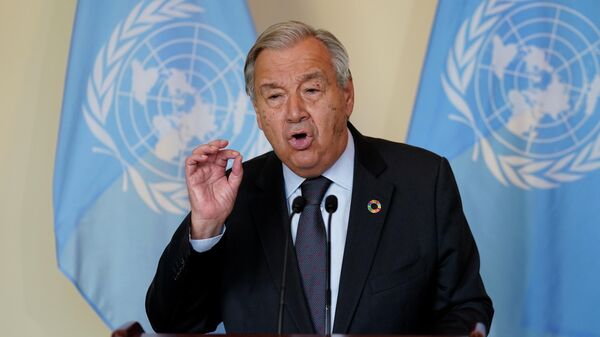 Antonio Guterres, Secretary General of the United Nations, speaks to reporters after a meeting with British Prime Minister Boris Johnson for climate change discussions during the 76th Session of the U.N. General Assembly in New York, at United Nations headquarters in New York, U.S., September 20, 2021. - Sputnik International