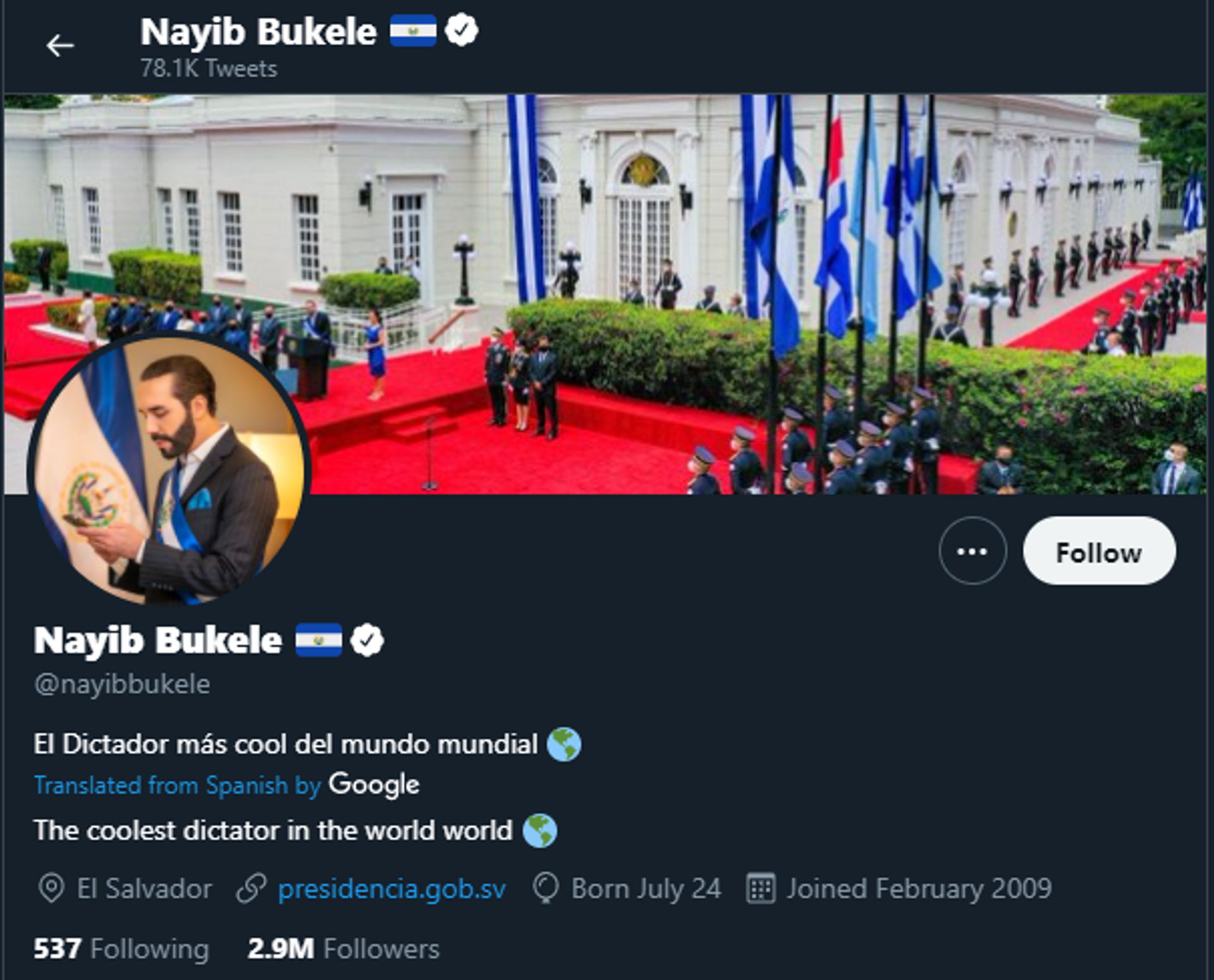 The Twitter account of Salvadoran President Nayib Bukele, which he changed on September 22, 2021, to read the coolest dictator in the world. - Sputnik International, 1920, 22.09.2021