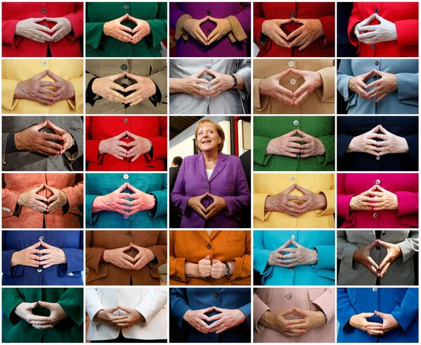 A collage shows German Chancellor Angela Merkel folding her hands in front of her jackets of various colours during public events. Pictures taken from August 2004 to September 2021. - Sputnik International