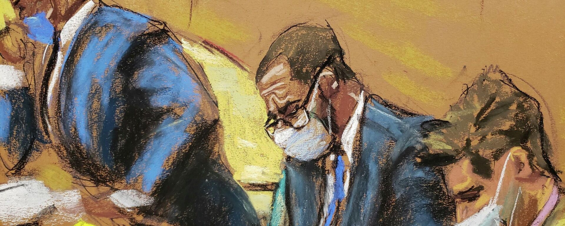 R. Kelly sits with his lawyers Calvin Scholar and Thomas Farinella as the jury deliberate in Kelly's sex abuse trial at Brooklyn's Federal District Court in a courtroom sketch in New York, U.S., September 27, 2021. - Sputnik International, 1920, 27.09.2021