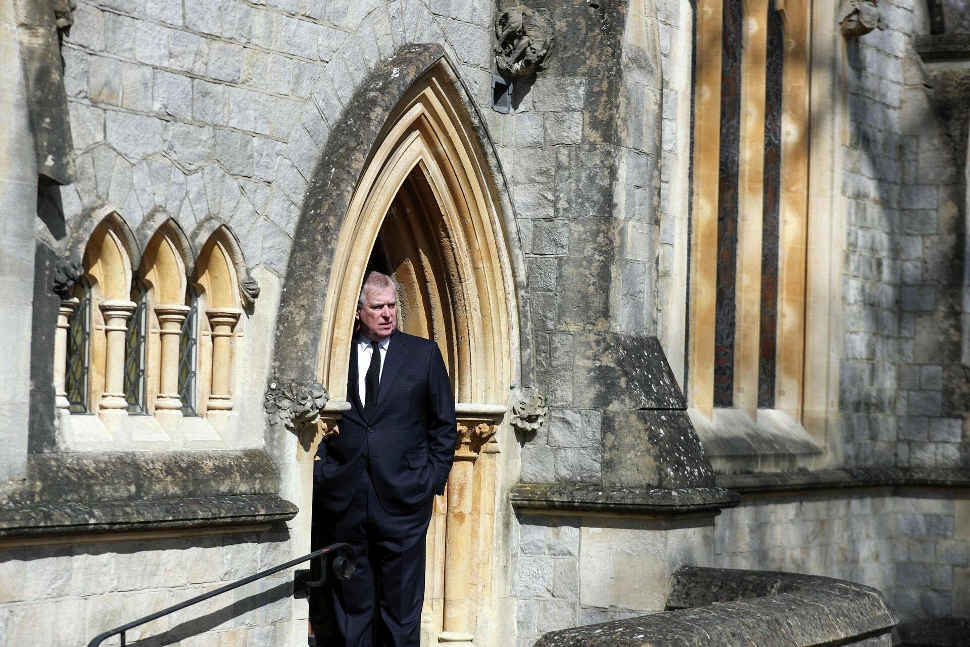 Britain's Prince Andrew, Duke of York, attends Sunday service at the Royal Chapel of All Saints, at Royal Lodge, in Windsor on April 11, 2021, two days after the death of his father Britain's Prince Philip, Duke of Edinburgh. - Sputnik International, 1920, 02.10.2021