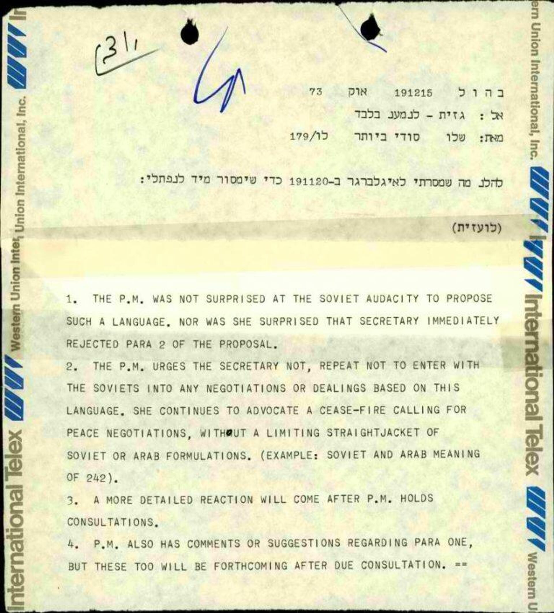 The first page of a message sent to Israeli  Foreign Minister Abba Eban by Prime Minister Golda Meir on October 18, 1973, urging that UNSC Resolution 242 be kept out of any ceasefire resolution the UNSC might issue in the coming days. - Sputnik International, 1920, 06.10.2021