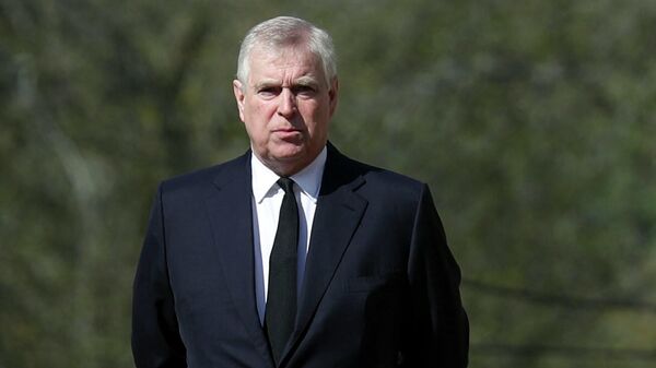 Britain's Prince Andrew attends the Sunday service at the Royal Chapel of All Saints at Royal Lodge, Windsor, following the announcement of Prince Philip, in England, Sunday, April 11, 2021. - Sputnik International