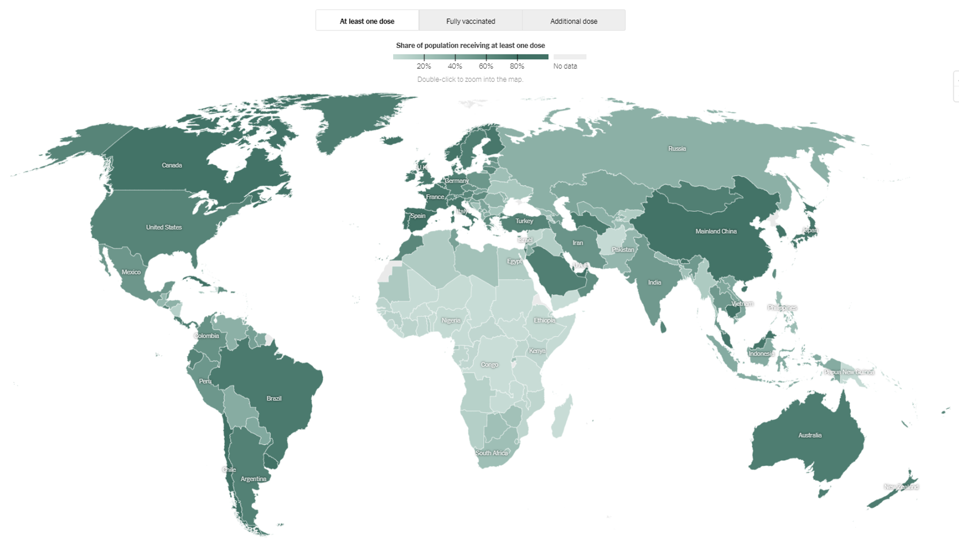 A world map showing the COVID-19 vaccination status of each nation on October 15, 2021. The darker a nation is shaded, the larger the percentage of its population has gotten at least one vaccine shot. Image taken from NY Times Coronavirus Tracker. - Sputnik International, 1920, 15.10.2021
