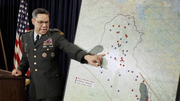 Chairman of the Joint Chiefs of Staff Colin Powell points to Iraqi airbases that have shown some activity in the last few day at a Pentagon briefing on Wednesday, Jan. 24, 1991 in Washington. - Sputnik International
