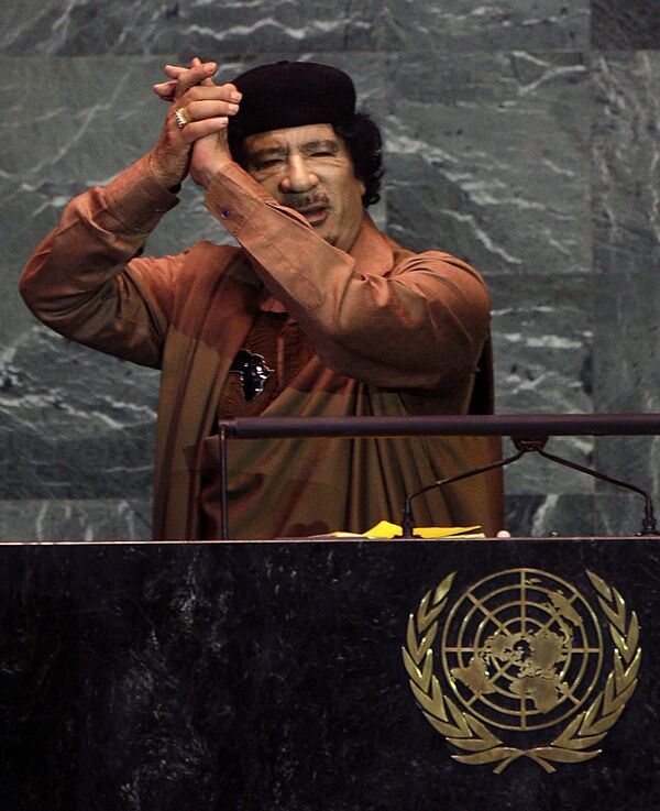 Gaddafi finishes an address to the United Nations General Assembly at the U.N. headquarters on 23 September 2009 in New York.  - Sputnik International