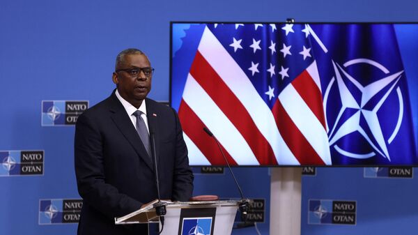 US Secretary of State for Defence Lloyd Austin addresses media representatives on the second day of a NATO Defence Ministers meeting in Brussels on October 22, 2021. - Sputnik International