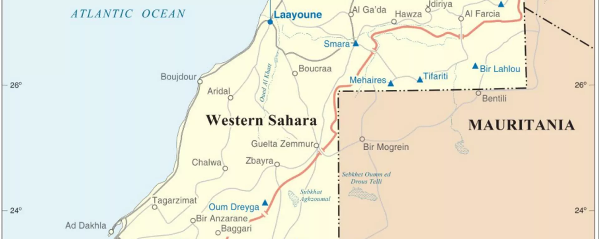 خريطة الصحراء الغربية من شهر أغسطس 2021، تظهر الساتر الرملي الذي بناه المغرب والمواقع التي تستخدمها بعثة الأمم المتحدة للاستفتاء في الصحراء الغربية (مينورسو) - سبوتنيك عربي، 1920، 30.07.2023