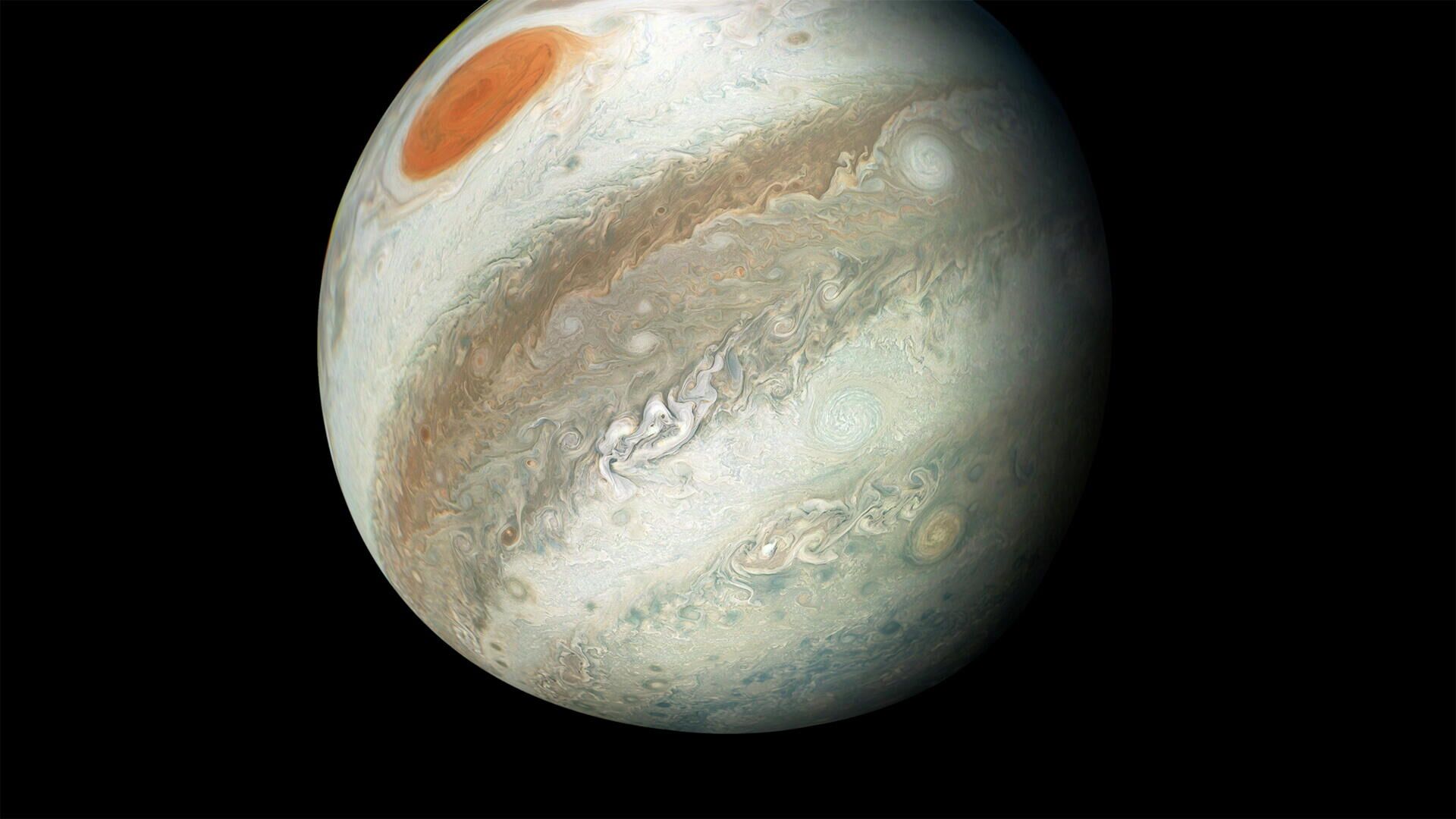 The view shows Jupiter including its Great red Spot captured by NASA's Juno spacecraft on the outbound leg of its 12th close flyby of the gas giant planet, April 1, 2018. - Sputnik International, 1920, 30.12.2023