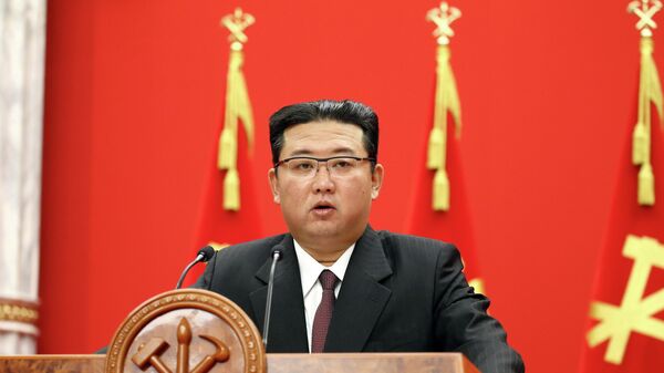 North Korean leader Kim Jong Un speaks during an event celebrating the 76th anniversary of the founding of the ruling Workers' Party of Korea (WPK) in Pyongyang, North Korea, in this undated photo released on October 11, 2021 by North Korea's Korean Central News Agency (KCNA).  - Sputnik International