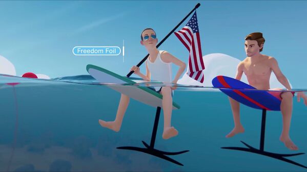An avatar of Facebook chief executive Mark Zuckerberg is seen carrying a US flag while riding a hydrofoil in the &quot;Metaverse&quot; during a live-streamed virtual and augmented reality conference to announce that Facebook was being rebranded to Meta, in this screengrab taken from a video released on 28 October 2021. - Sputnik International