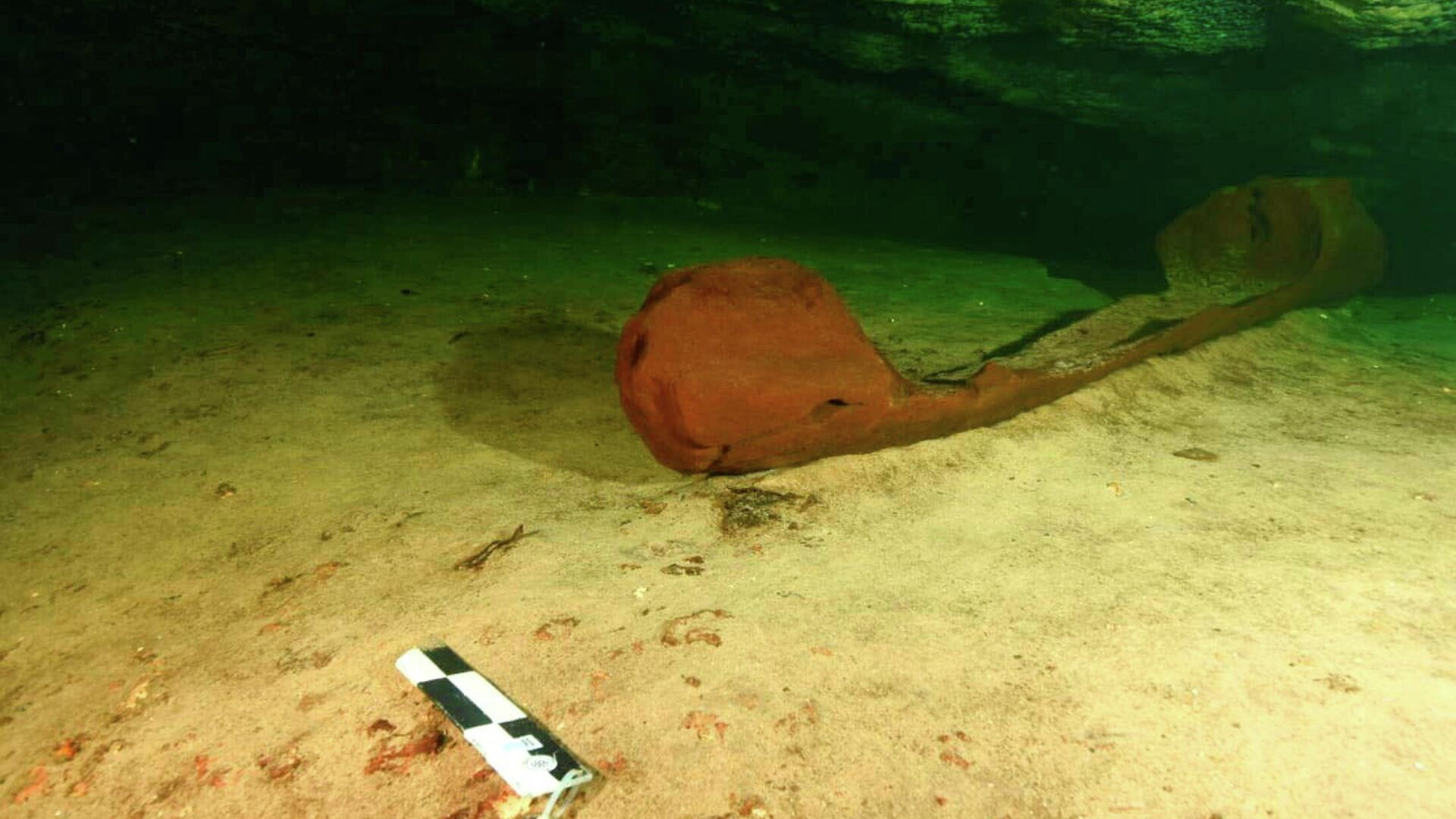 A wooden canoe used by the ancient Maya and believed to be over a thousand years old is pictured at a fresh-water pool known as a cenote and found during the archeological work accompanying the construction of a controversial new tourist train, in the state of Yucatan, in this handout released on 29 October 2021 - Sputnik International, 1920, 30.10.2021