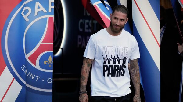 PSG's Sergio Ramos smiles during players presentation before the French League One soccer match between Paris Saint Germain and Strasbourg, at the Parc des Princes stadium in Paris, Saturday, Aug. 14, 2021. - Sputnik International