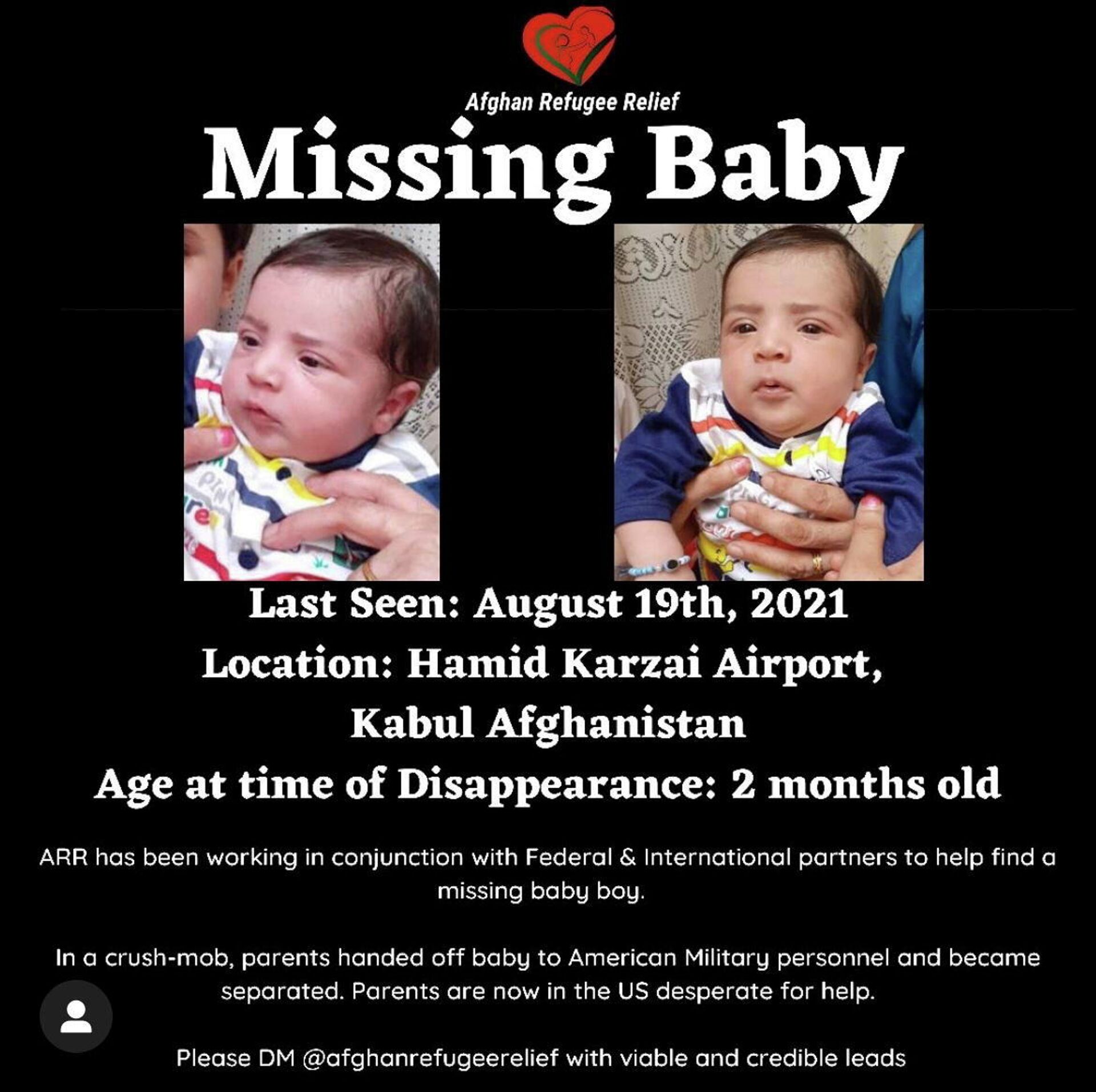 Sohail Ahmadi, around two-months-old, is seen in these handout pictures shown on a poster, taken in August 2021 in Kabul, Afghanistan. Sohail's parents Mirza Ali and his wife Suraya handed him over the fence to a U.S. soldier on August 19, 2021 in the chaos following the U.S. troop withdrawal and hasty evacuation at the Kabul Airport. But by the time the family got to the other side of the fence, the baby was no where to be found.  - Sputnik International, 1920, 06.11.2021