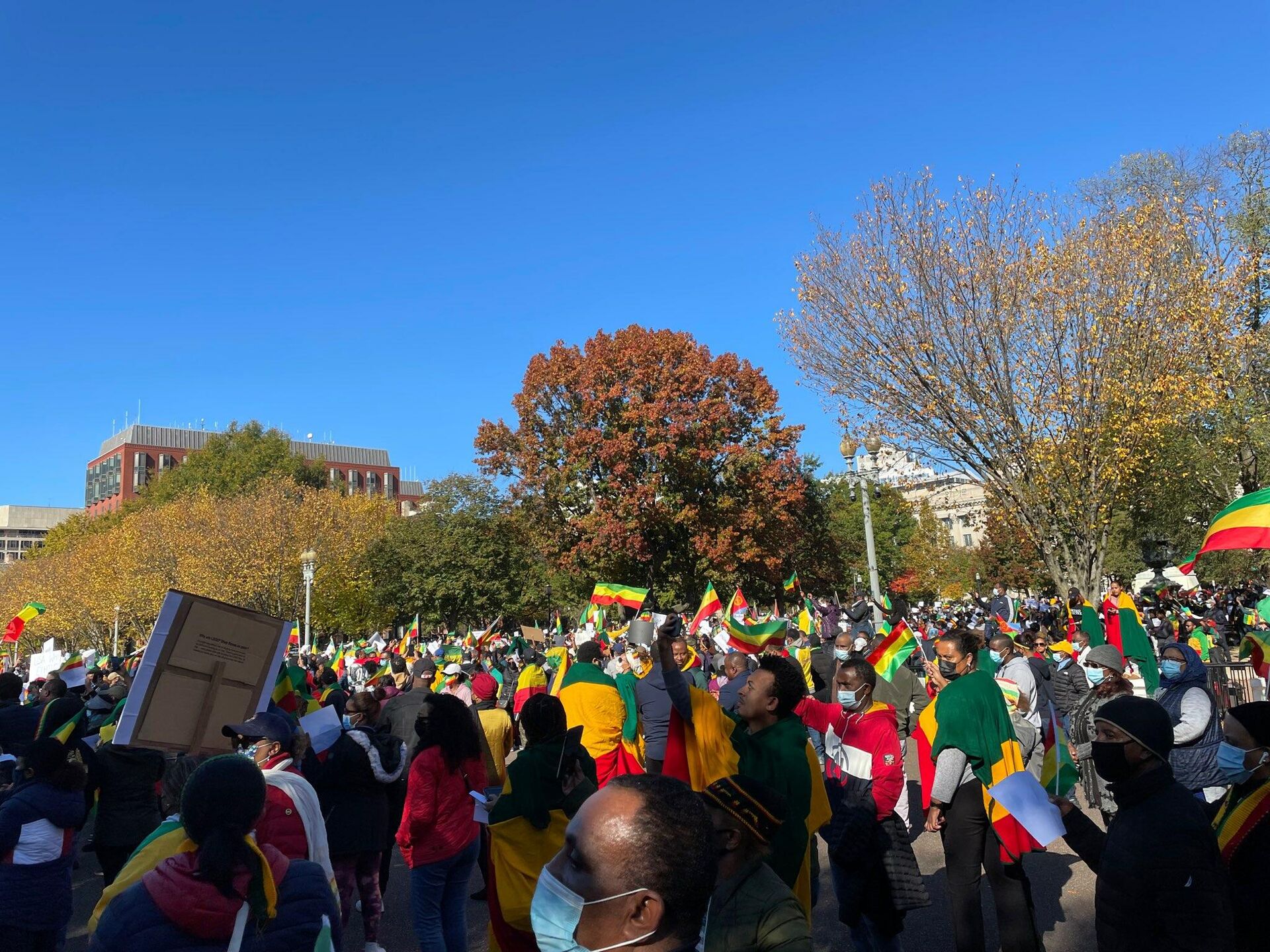 Protesters waving Ethiopian national flags rally outside the White House in Washington, DC, on November 8, 2021, demanding the US refrain from intervening in the Ethiopian conflict. - Sputnik International, 1920, 08.11.2021