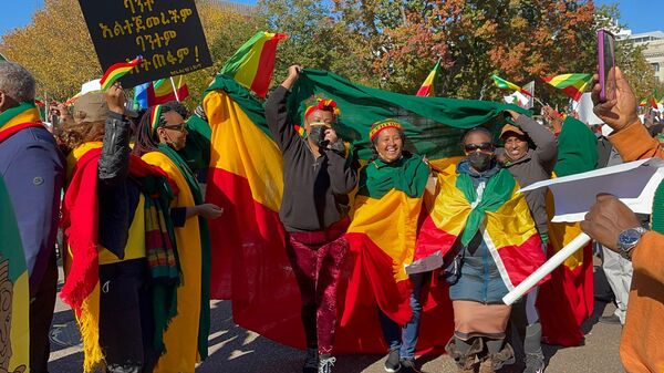 Protesters wrapped in Ethiopian national flags hold a sign written in Amharic at a rally outside the White House in Washington, DC, on November 8, 2021, demanding the US stay out of the conflict between the Ethiopian government and a rival political faction in the northern Tigray Region. - Sputnik International
