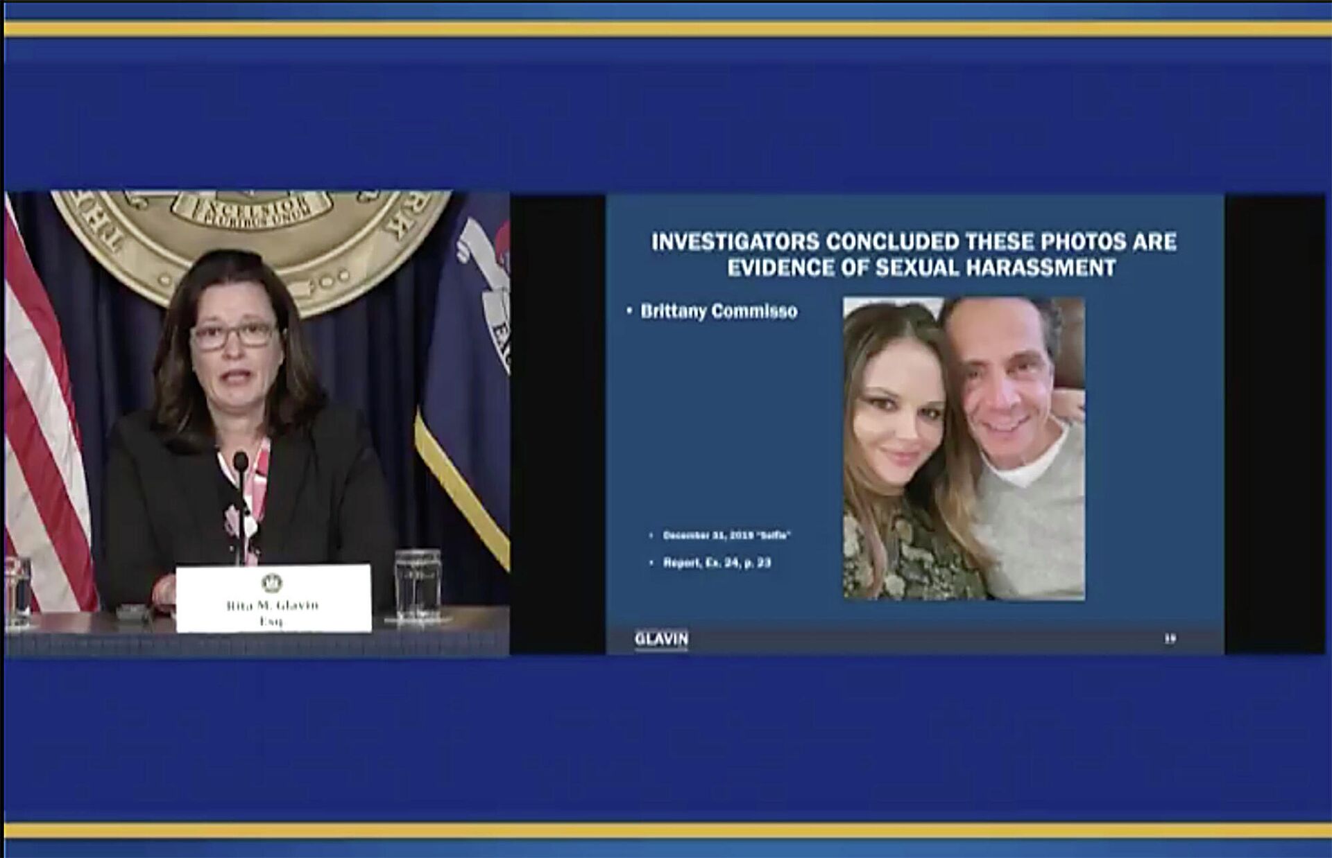 In this image from video made available by the Office of the Governor of New York, Rita Glavin, attorney for Gov. Andrew Cuomo, speaks in Albany, N.Y., on Tuesday, Aug. 10, 2021, with a photo of Brittany Commisso, an executive assistant on Cuomo's staff.  - Sputnik International, 1920, 11.11.2021