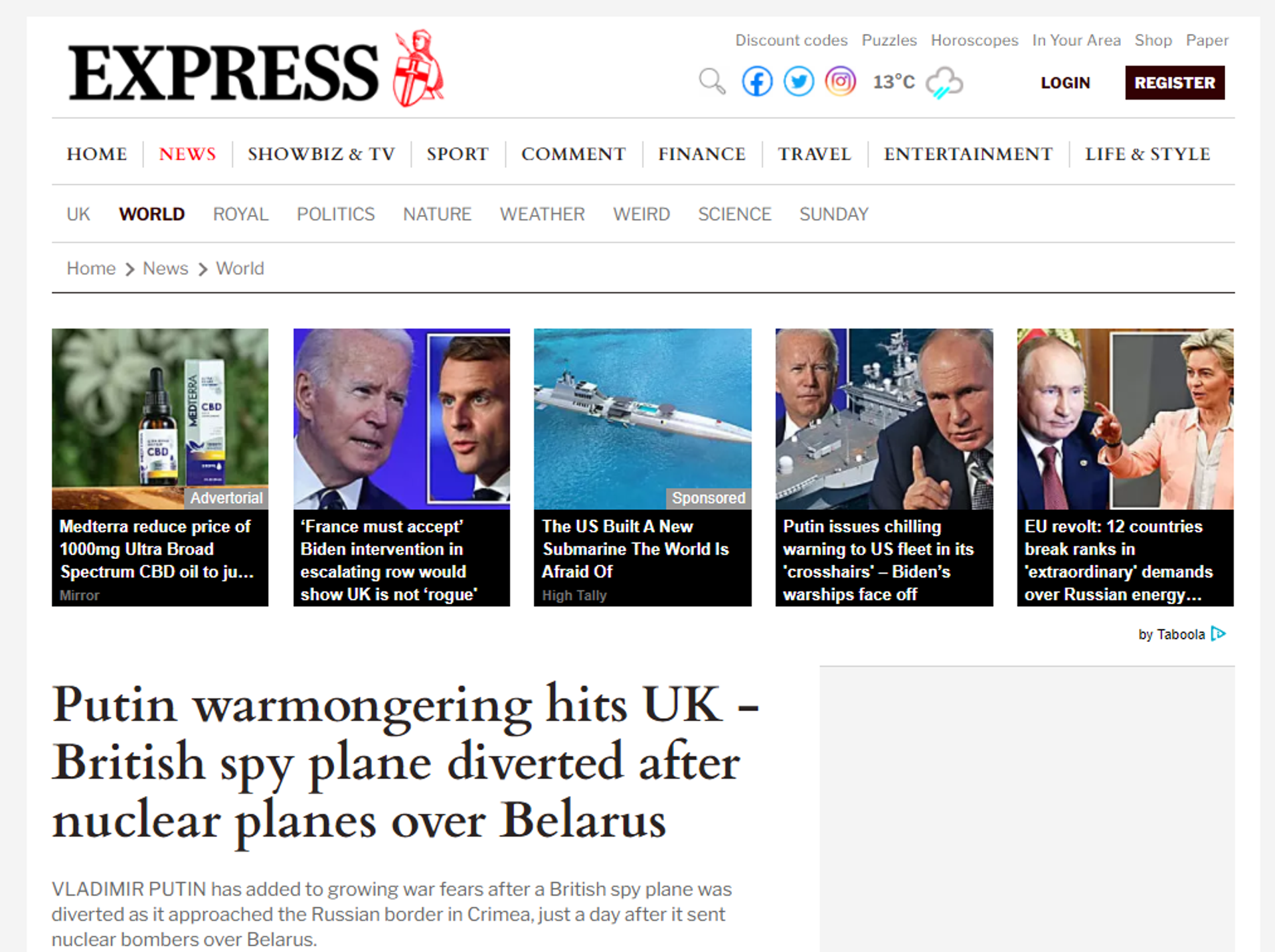Screenshot of The Daily Express report titled Putin warmongering hits UK - British spy plane diverted after nuclear planes over Belarus - Sputnik International, 1920, 12.11.2021