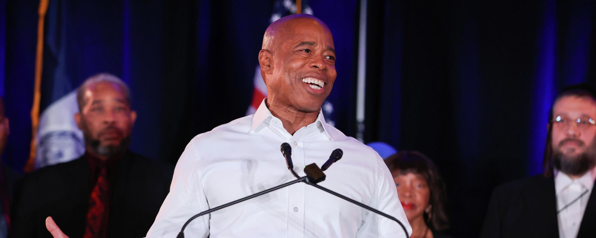 Democratic candidate for New York City Mayor Eric Adams reacts as he speaks after being declared victor at his election night party in Brooklyn, New York, U.S. November 2, 2021 - Sputnik International, 1920, 13.11.2021