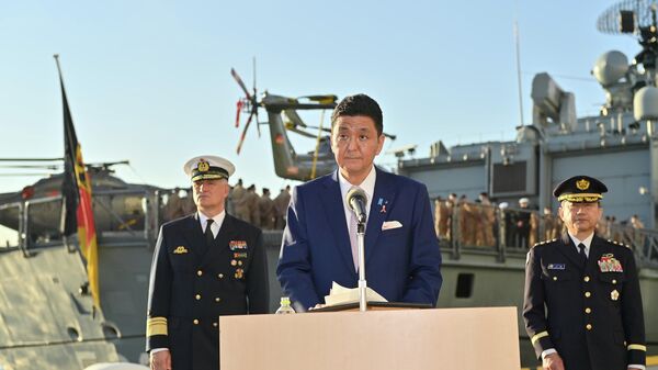 Japan’s Defense Minister Nobuo Kishi speaks during a press conference as he visits the German navy frigate Bayern, docked at the International Cruise Terminal, in Tokyo, Japan  - Sputnik International