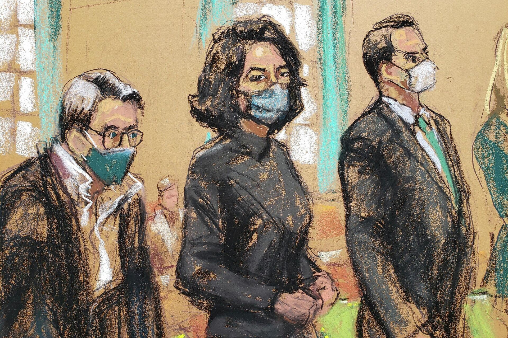 Ghislaine Maxwell, the Jeffrey Epstein associate accused of sex trafficking, stands before U.S. District Judge Alison J. Nathan with her defense team of Bobbi Sternheim and Christian Everdell during a pre-trial hearing ahead of jury selection, in a courtroom sketch in New York City, U.S., November 15, 2021 - Sputnik International, 1920, 16.12.2021