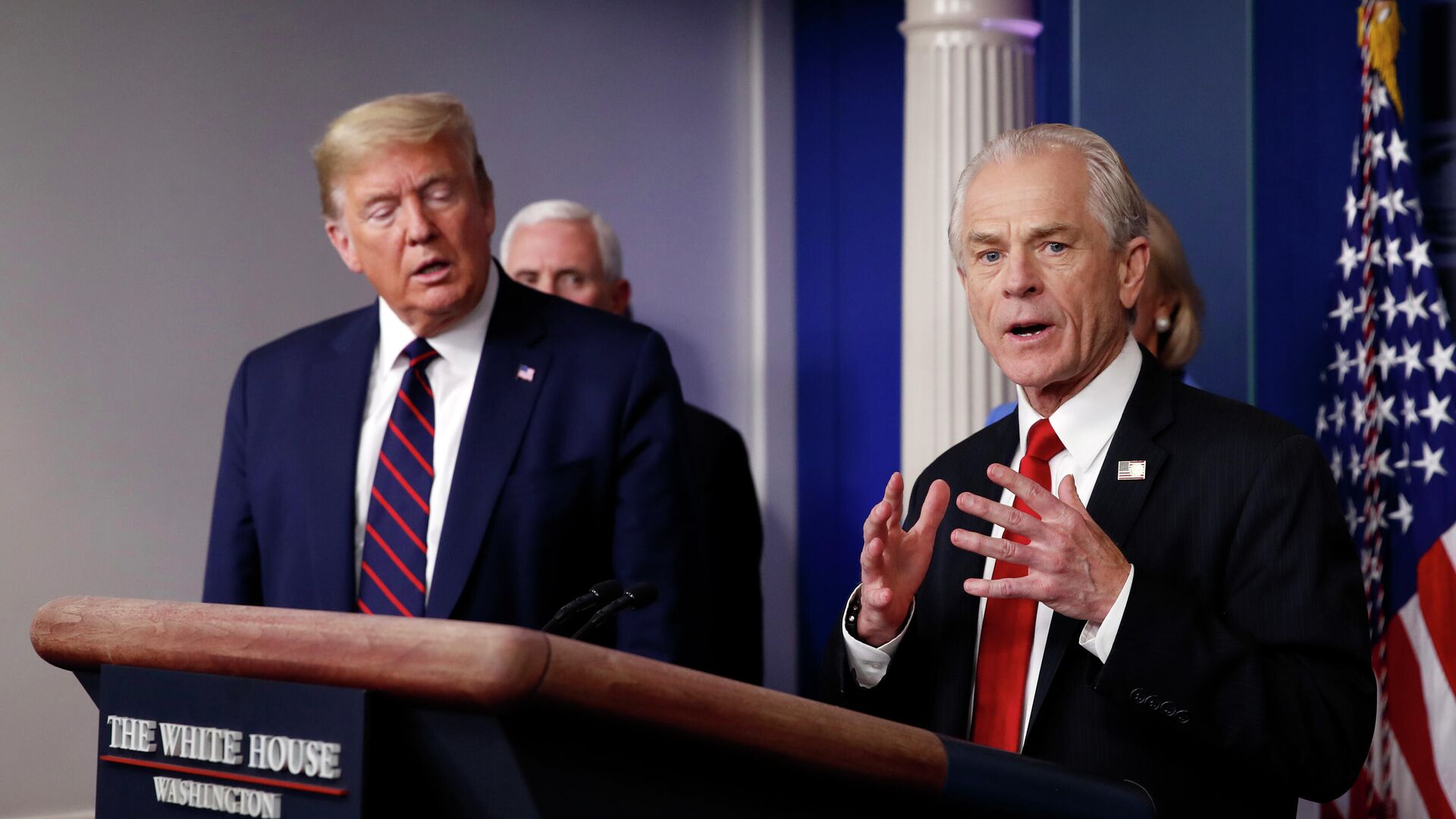 In this Friday, March 27, 2020 file photo, White House adviser Peter Navarro speaks about the coronavirus in the James Brady Press Briefing Room in Washington, as President Donald Trump listens. - Sputnik International, 1920, 21.11.2021