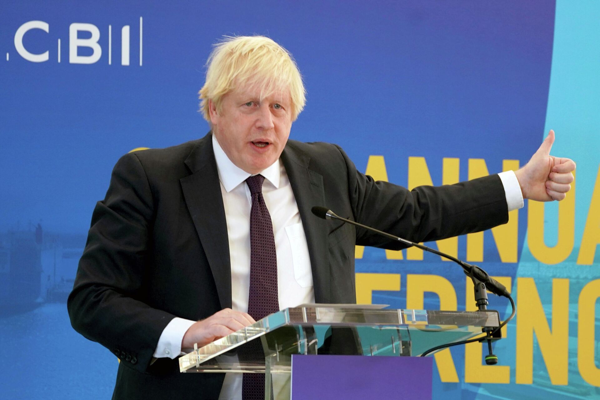 Prime Minister Boris Johnson speaks during the CBI (Confederation of British Industry) annual conference, at the Port of Tyne, in South Shields, England, Monday Nov. 22, 2021.  - Sputnik International, 1920, 24.11.2021