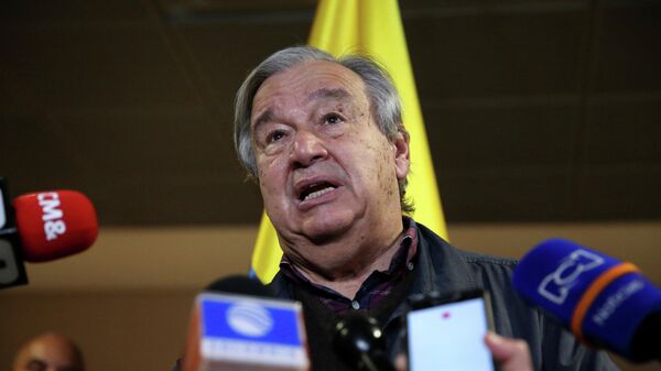 United Nations (UN) Secretary General Antonio Guterres speaks to the press as he arrives in Colombia to commemorate the fifth anniversary of the signing of the peace agreement between the Colombian government and the Revolutionary Armed Forces of Colombia (FARC), in Bogota, Colombia November 22, 2021 - Sputnik International