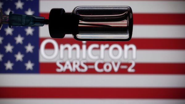 A vial and a syringe are seen in front of a displayed United States' flag and words Omicron SARS-CoV-2 in this illustration taken, November 27, 2021. REUTERS/Dado Ruvic/Illustration - Sputnik International