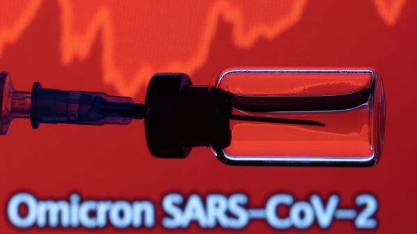 A vial and a syringe are seen in front of a displayed stock graph and words Omicron SARS-CoV-2 in this illustration taken, November 27, 2021. REUTERS/Dado Ruvic/Illustration - Sputnik International