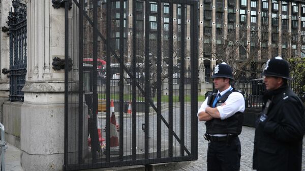 British police officers stand on duty alongside a set of temporary gates installed at the Carriage Gates entrance to the Houses of Parliament, within the Palace of Westminster, in central London on April 12, 2017.  - Sputnik International