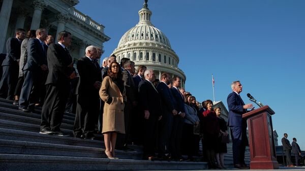 House Minority Leader Kevin McCarthy (R-CA), standing with Congressional Republicans, speaks in opposition to the ‘Build Back Better Act’ during a news conference outside the U.S. Capitol in Washington, U.S., November 17, 2021 - Sputnik International