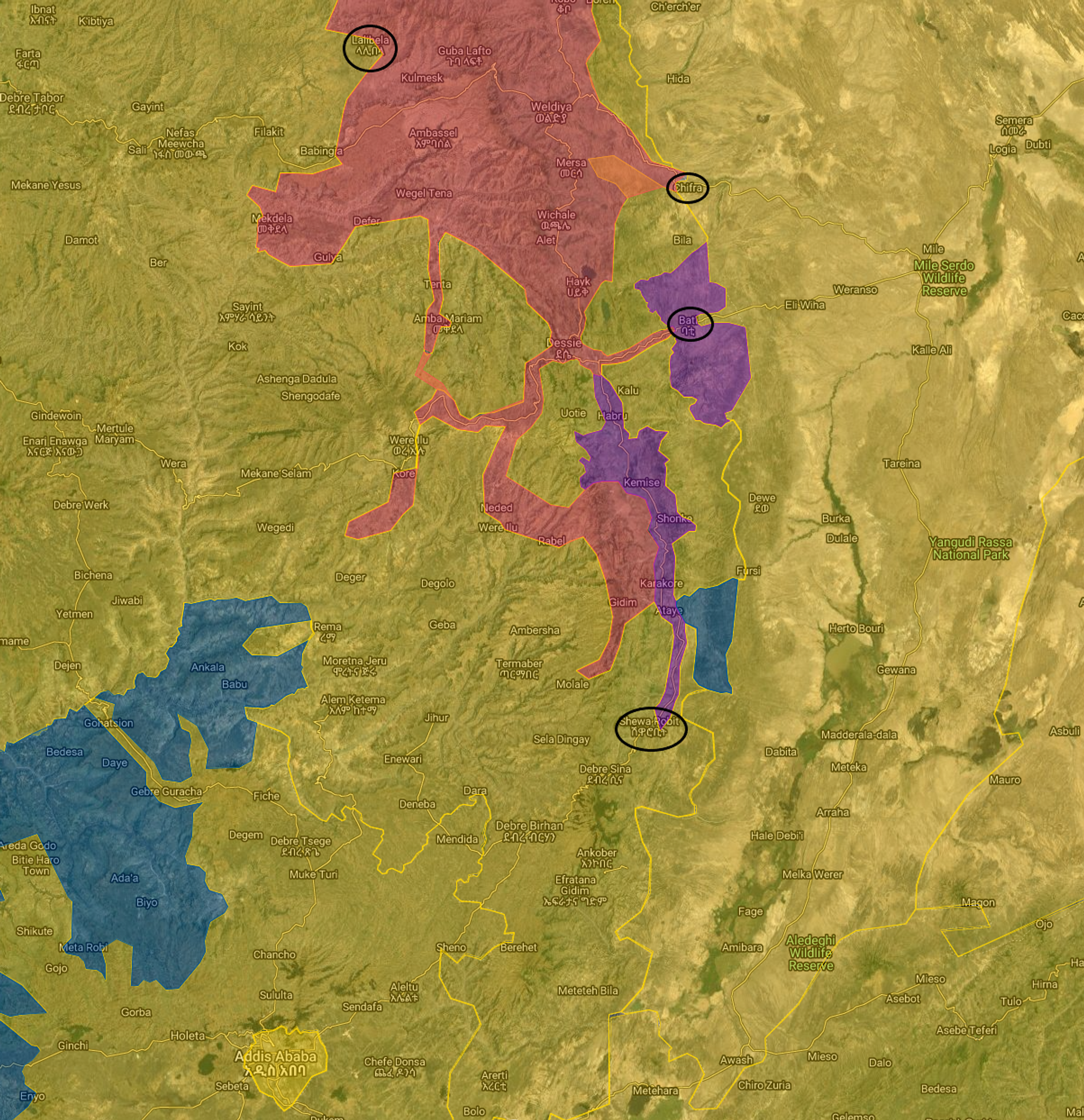 A map of north-central Ethiopia generated by Ethiopia Maps conflict mapping service, showing areas of control on December 1, 2021. Towns circled were retaken in recent days by the Ethiopian National Defense Forces, whose area of control is yellow, from the Tigrayan People's Liberation Front (TPLF) and their allies, whose area of control is shown in red, purple and blue. The capital city of Addis Ababa is at lower left. - Sputnik International, 1920, 02.12.2021