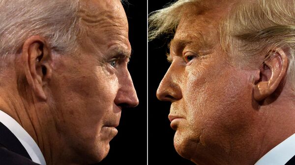 (COMBO) This combination of pictures created on October 22, 2020 shows US President Donald Trump (R) and Democratic Presidential candidate and former US Vice President Joe Biden during the final presidential debate at Belmont University in Nashville, Tennessee, on October 22, 2020 - Sputnik International