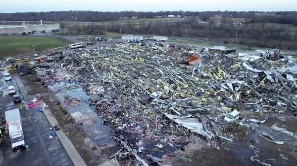 Aerial view of a candle factory after a tornado tore through, in Mayfield, Kentucky, U.S., December 11, 2021, in this still image taken from a video. Video taken with a drone. - Sputnik International