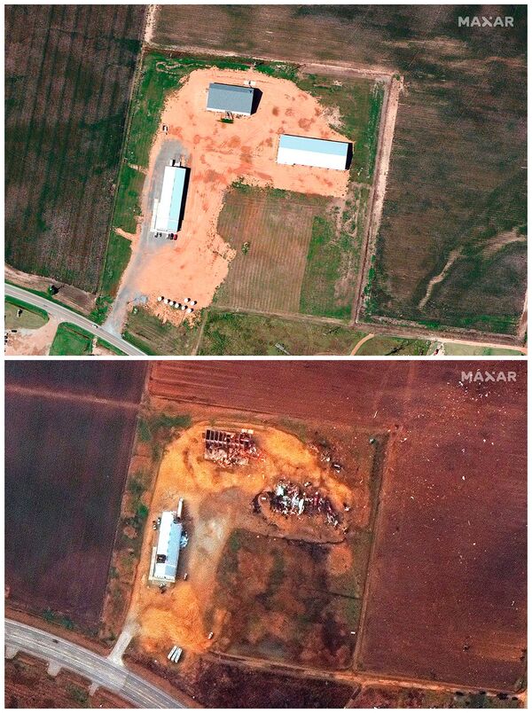 A combination of satellite images shows farm buildings in Monette, Arkansas before and after a devastating outbreak of tornadoes ripped through several US states, 22 February 2021 (top) and 11 December 2021. - Sputnik International