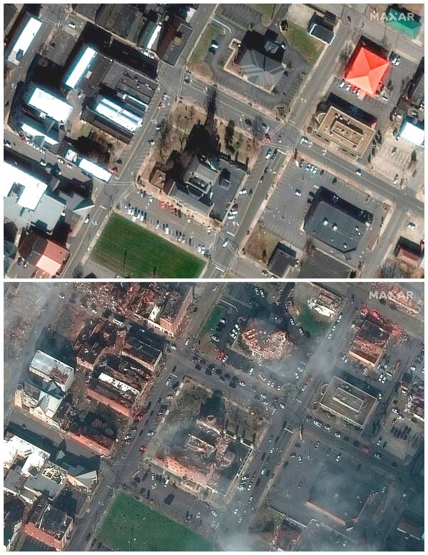 A combination of satellite images shows the county courthouse in Mayfield, Kentucky before and after a devastating outbreak of tornadoes ripped through several US states, 28 January 2017 (top) and 11 December 2021. - Sputnik International