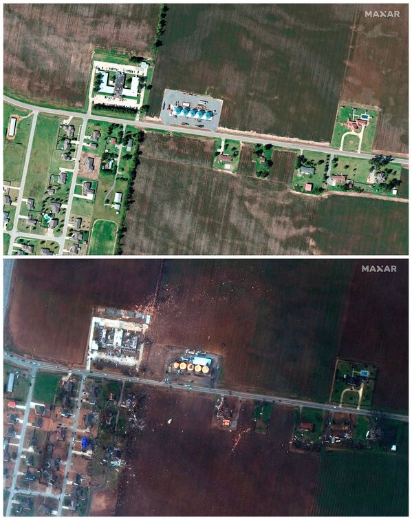 A combination of satellite images shows Monette Manor nursing home and surrounding houses in Monette, Arkansas before and after a devastating outbreak of tornadoes ripped through several US states, 22 February 2021 (top) and 11 December 2021. - Sputnik International
