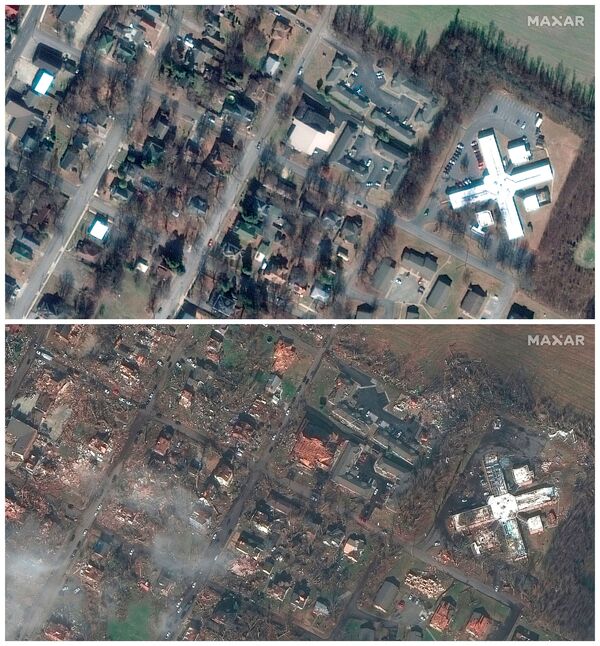 A combination of satellite images shows homes and buildings in Mayfield, Kentucky before and after a devastating outbreak of tornadoes ripped through several US states, 28 January 2017 (top) and 11 December 2021. - Sputnik International