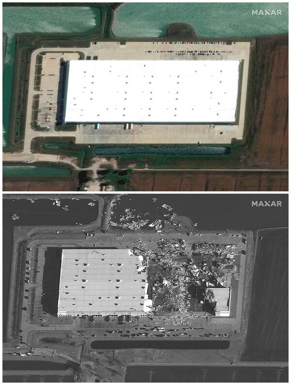 A combination of satellite images shows Amazon warehouse and buildings in Edwardsville, Illinois before and after a devastating outbreak of tornadoes ripped through several US states, 24 September 2021 (top) and 11 December 2021. - Sputnik International