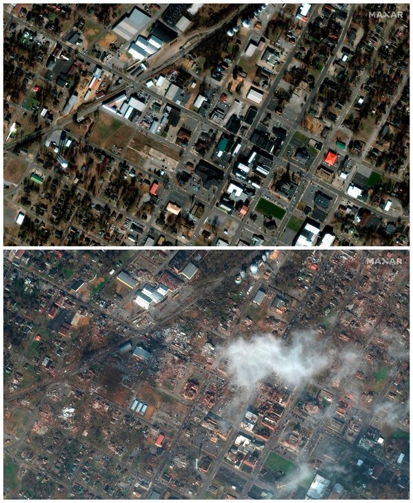 A combination of satellite images shows downtown Mayfield, Kentucky before and after a devastating outbreak of tornadoes ripped through several US states, 28 January 2017 (top) and 11 December 2021 - Sputnik International