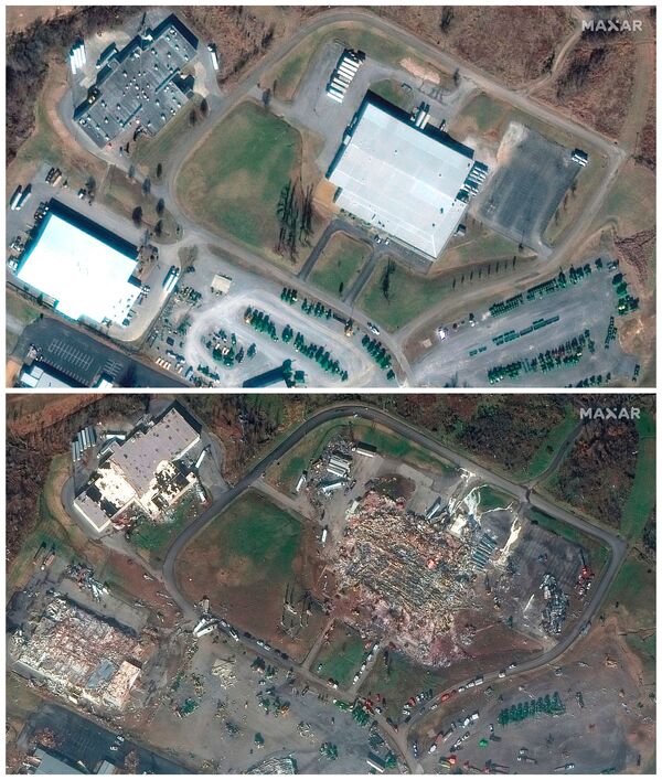 A combination of satellite images shows the Mayfield Consumer Products candle factory and nearby buildings in Mayfield, Kentucky before and after a devastating outbreak of tornadoes ripped through several US states, 28 January 2017 (top) and 11 December 2021. - Sputnik International