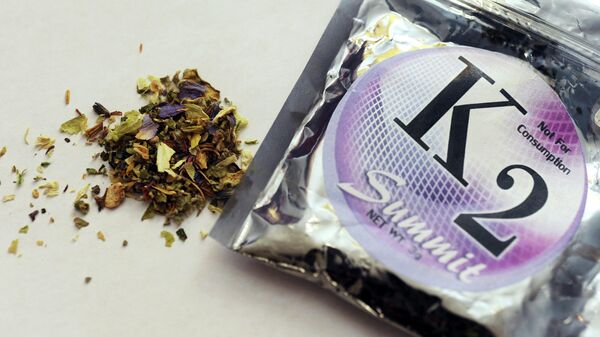 Feb. 15, 2010, file photo, shows a package of K2 which contains herbs and spices sprayed with a synthetic compound chemically similar to THC, the psychoactive ingredient in marijuana. According to the American Association of Poison Control Centers, more than 1,500 people in several states became ill in April 2015 from smoking synthetic marijuana sold under several brand names, including K2, Spice, Crazy Clown and Scooby Snax.  - Sputnik International