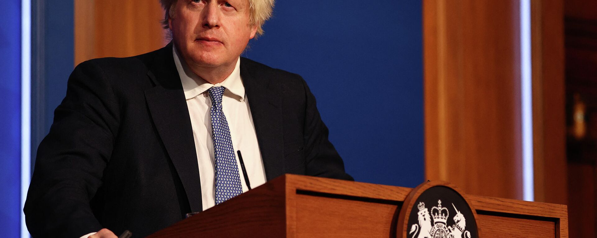 Britain's Prime Minister Boris Johnson holds a press conference for the latest Covid-19 update in the Downing Street briefing room in central London on December 8, 2021 - Sputnik International, 1920, 11.01.2022