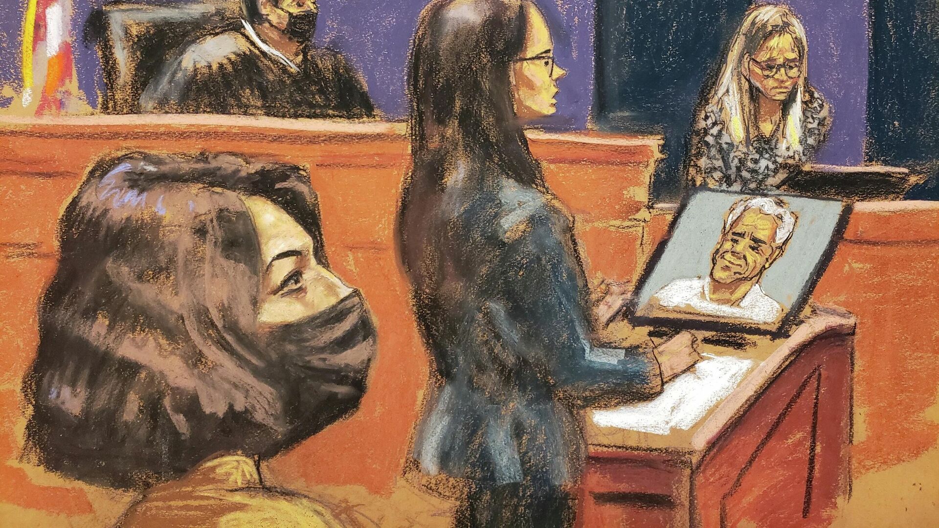 Witness Annie Farmer is questioned by prosecutor Lara Pomerantz during the trial of Ghislaine Maxwell, the Jeffrey Epstein associate accused of sex trafficking, in a courtroom sketch in New York City, U.S., December 10, 2021 - Sputnik International, 1920, 14.12.2021