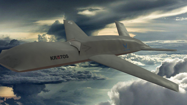 Shown is a Kratos rendering of the U.S. Air Force Research Laboratory’s Off-Board Sensing Station low-cost attritable unmanned aircraft system.  - Sputnik International